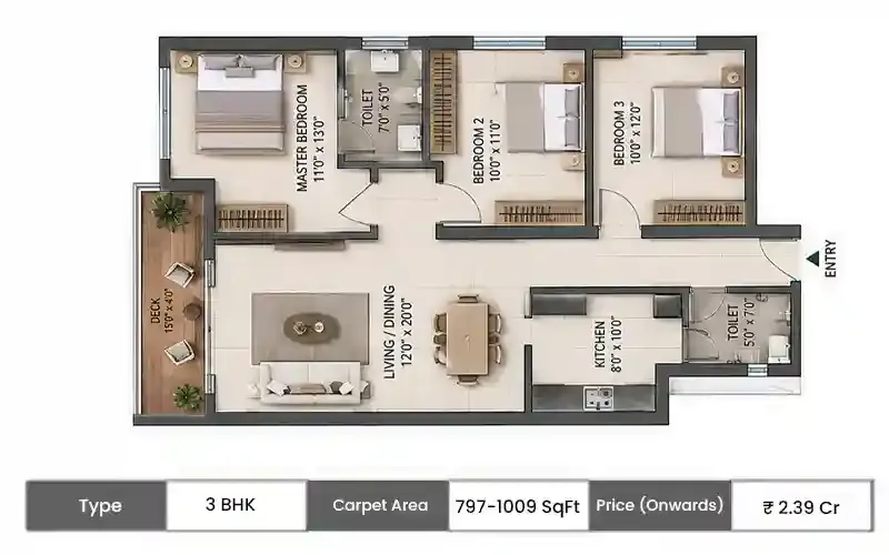 Anchorpoint Aviara 3 BHK Deck Homes floor plan, 797 sq ft carpet area
